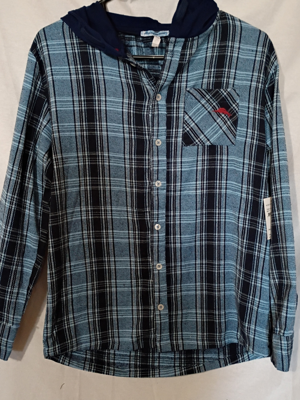 Boys Tommy Bahama Light Blue and Navy Plaid Button-Down Hoodie Shirt 14/16